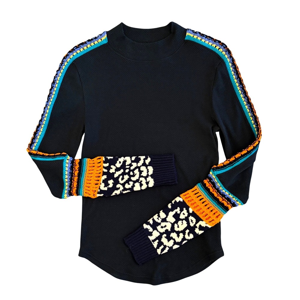 Free People Switch It Up Mock Neck Thermal Top M Leopard Crochet Mixed Media - Picture 3 of 13
